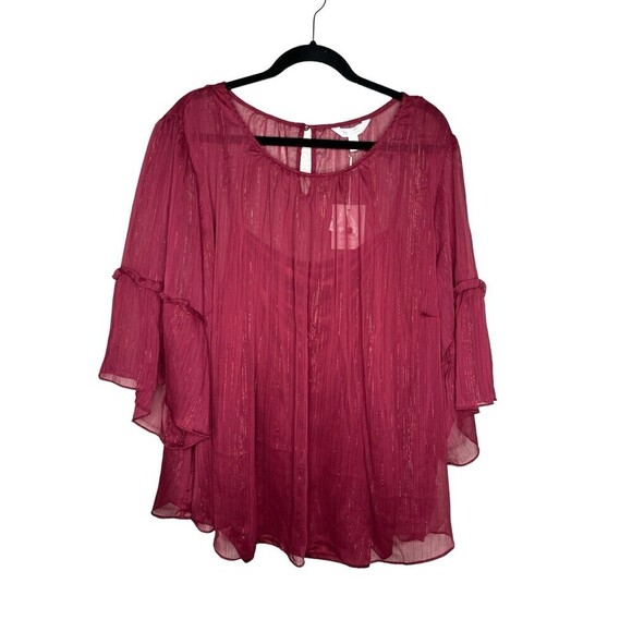 Lauren Conrad Blouse Womens Size 4X Burgundy Sheer Pullover Flutter Short Sleeve - Picture 2 of 6